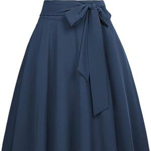 Blue High Waist A-Line Pockets Skirt Skater Flared Midi Skirt